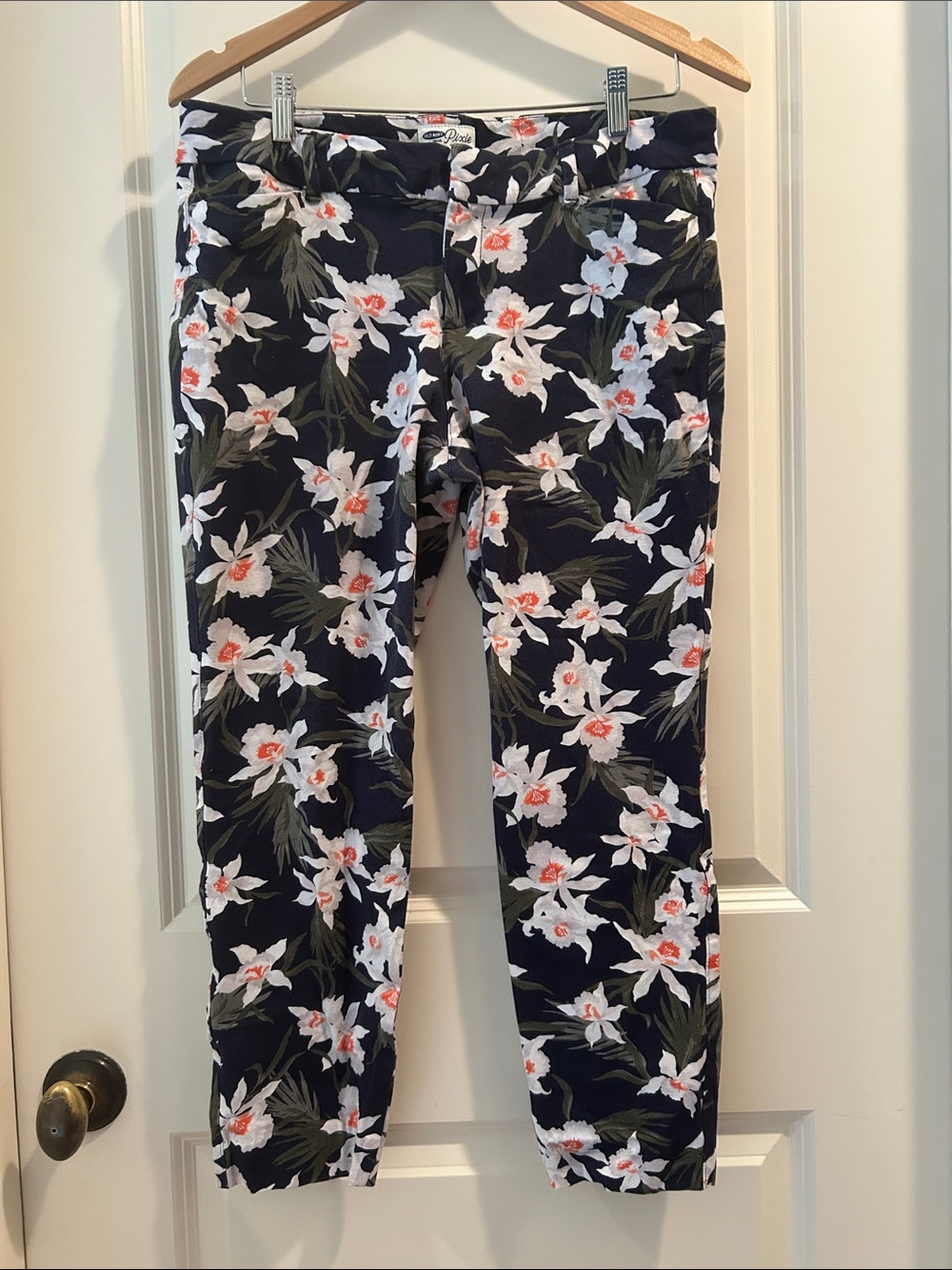 Old Navy Pixie Blue Floral Tropical Print Ankle Stretchy Pants pockets size 12